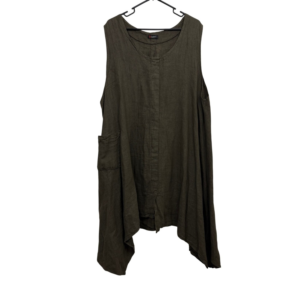 La Bass Dress Womens OS Olive Green Linen Asymmetric Hem Sleeveless Lagenlook
